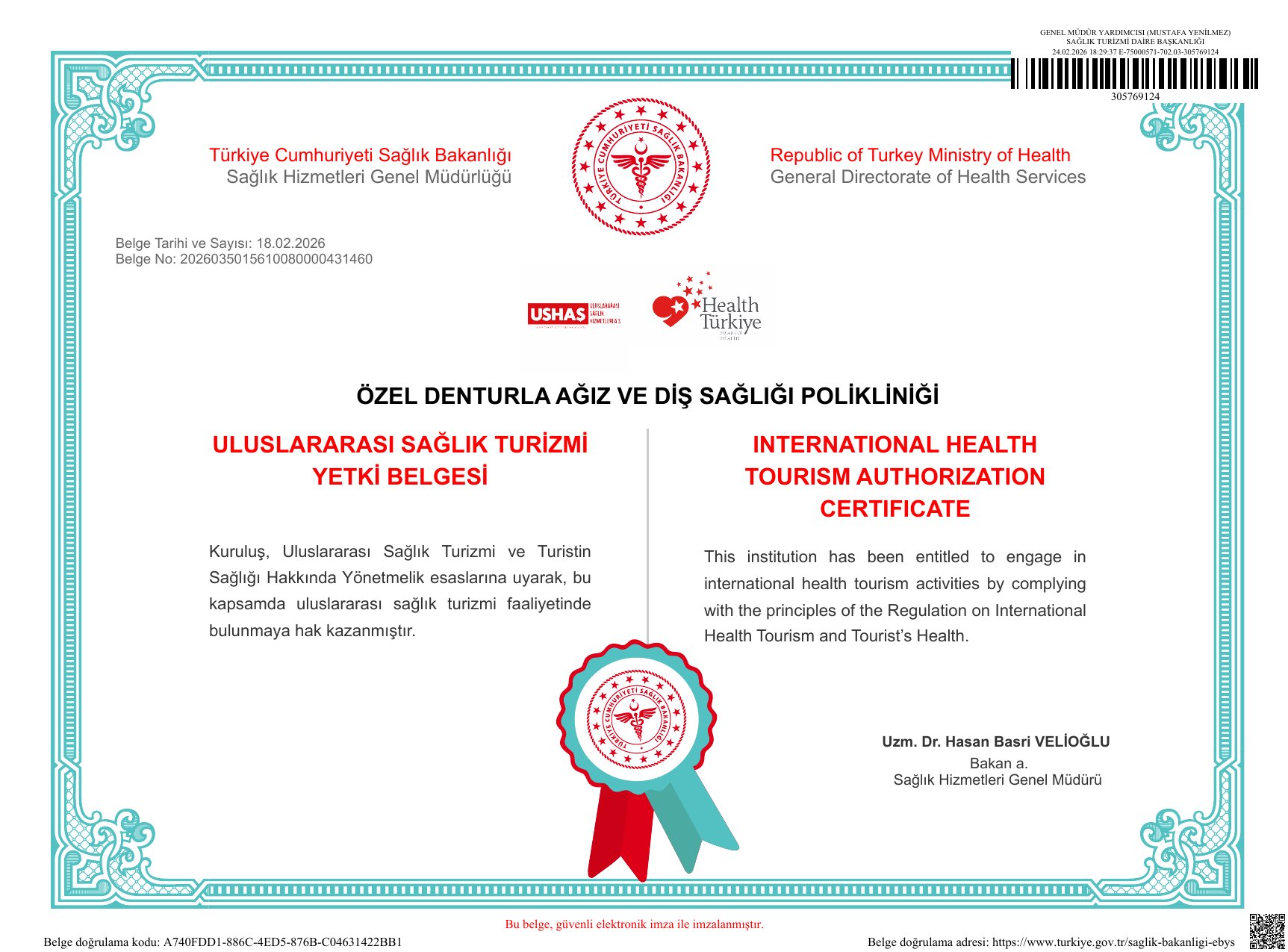 Uluslararası Sağlık Turizmi Yetki Belgesi - Özel Denturla Ağız ve Diş Sağlığı Polikliniği